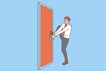 Persistent businessman is trying to open locked door, without giving up and striving to achieve goal. Persistent guy manager lost keys to own office, for concept of restrictions on career ladder - 785540831