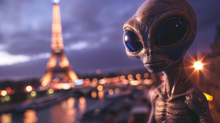 Cinematic image of an amiable alien admiring the majestic beauty of the Eiffel Tower at twilight, with the city lights sparkling and the Seine River softly blurred in the background 01 - obrazy, fototapety, plakaty