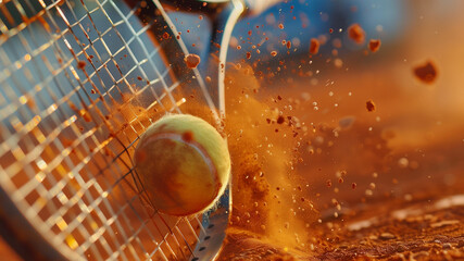 On a clay tennis court, a close-up of a racket hitting the ball