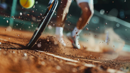 On a clay tennis court, a close-up of a racket hitting the ball