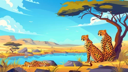 Fototapeten The African leopard pride as a cartoon illustration on a savannah landscape with a lake in the desert, clear water, green trees and grass, rocky stones on the horizon and a blue summer sky. © Mark
