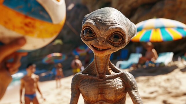 Cinematic image of a cheerful extraterrestrial playing beach volleyball with locals