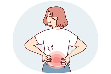Woman stands with back to screen and holds on to red lower back after failing to lift heavy bag. Girl suffers from pain in spine needs massage or help of osteopath doctor. Flat vector illustration - 785541285
