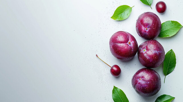 Fresh ripe plum fruits on white background with copy space, ideal for healthy eating concepts, food photography, and nutrition content.
