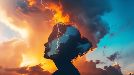 Profile view of a person against a simple background with a cloud positioned above them, lightning flashing, suggesting a mood of power and anticipation
