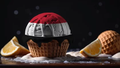Foto op Plexiglas Ice cream with the Yemen flag on a ice cream ball in a waffle cup on a black background with orange slices around the edges © Александр Бердюгин