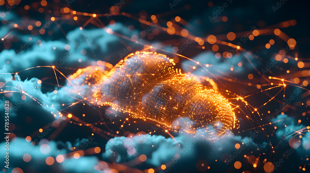 Poster glowing cloud in a networked grid representing the power and reach of cloud storage solutions