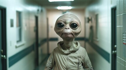 Cinematic scene featuring an amiable extraterrestrial participating in a team-building exercise with coworkers, their laughter echoing through the corridors of the office building 01