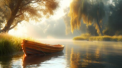 A tranquil riverside scene with a wooden rowboat gently bobbing on the water, surrounded by tall...