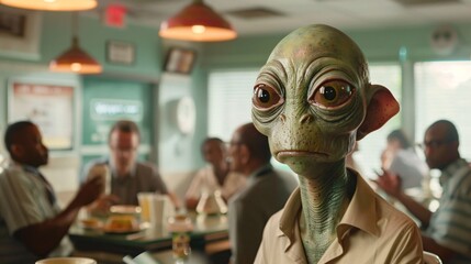 Cinematic scene featuring an amiable alien conversing with coworkers during a lunch break in a vibrant office cafeteria, the atmosphere filled with the buzz of friendly chatter 02 - obrazy, fototapety, plakaty