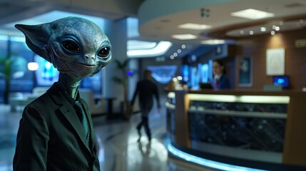 Cinematic scene featuring an amiable alien walking through a high-tech office lobby, greeted by holographic receptionists as they make their way to their workspace 01