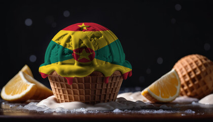 Ice cream with the Grenada flag on a ice cream ball in a waffle cup on a black background with orange slices around the edges - obrazy, fototapety, plakaty