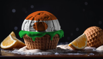 Ice cream with the Niger flag on a ice cream ball in a waffle cup on a black background with orange slices around the edges - obrazy, fototapety, plakaty