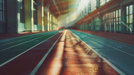 Blurred image of an unoccupied athletics track, emphasizing the stillness and the grandeur of the space, with muted colors and soft lighting 02 - obrazy, fototapety, plakaty