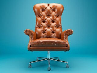 A brown leather office chair on a blue background.