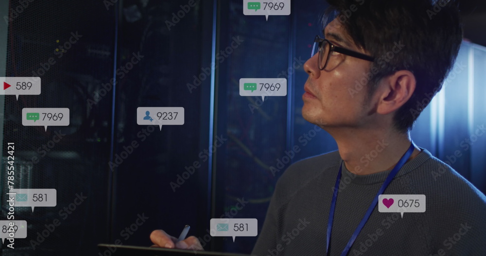 Poster image of notification bars, asian engineer checking data server system and writing in notepad