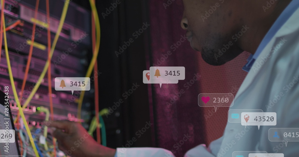 Aufkleber image of notification bars, african american engineer checking data server system using laptop