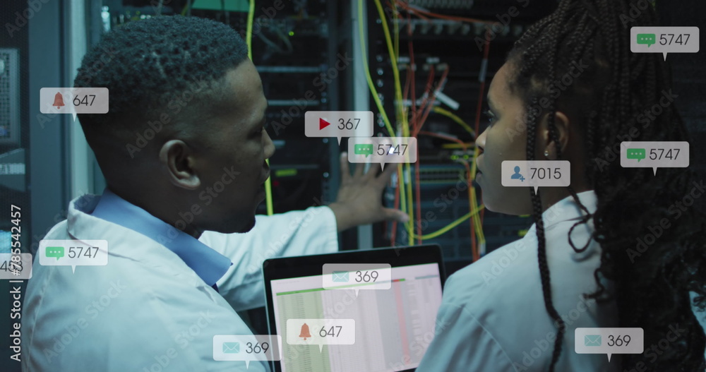 Aufkleber image of notification bars over african american engineers discussing about data server system