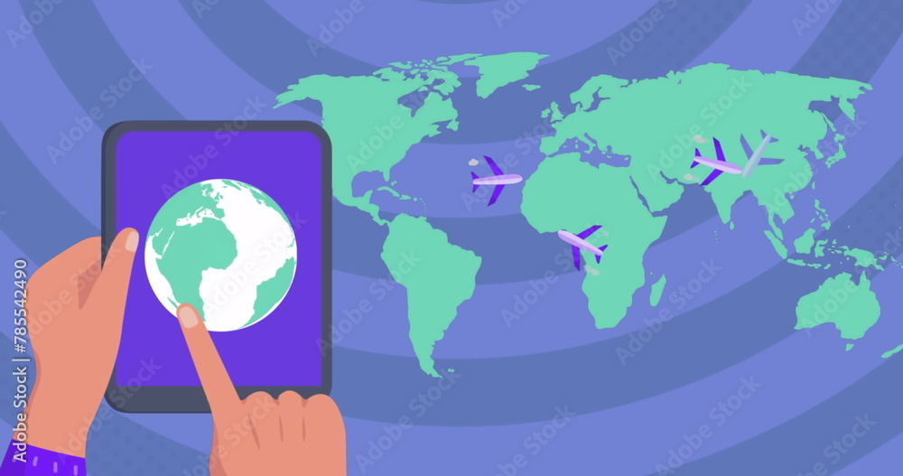 Poster image of airplanes flying over map and hands rotating globe on digital tablet