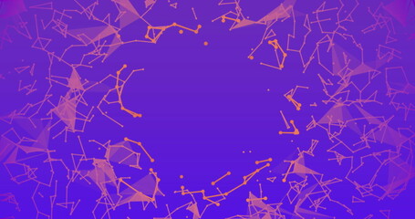 Image of illuminated dots connecting with lines and moving on purple background