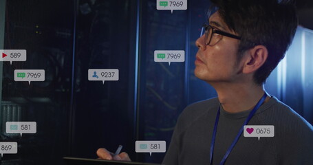 Image of notification bars, asian engineer checking data server system and writing in notepad