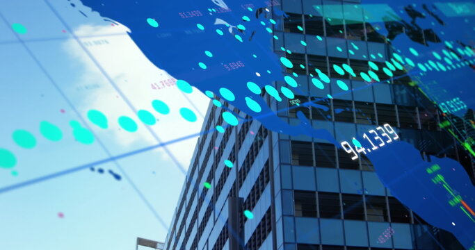 Image of map with numbers and dots moving over modern office building in city