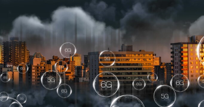 Image of 6g and 5g text in circles moving over residential buildings in city under cloudy sky - Powered by Adobe