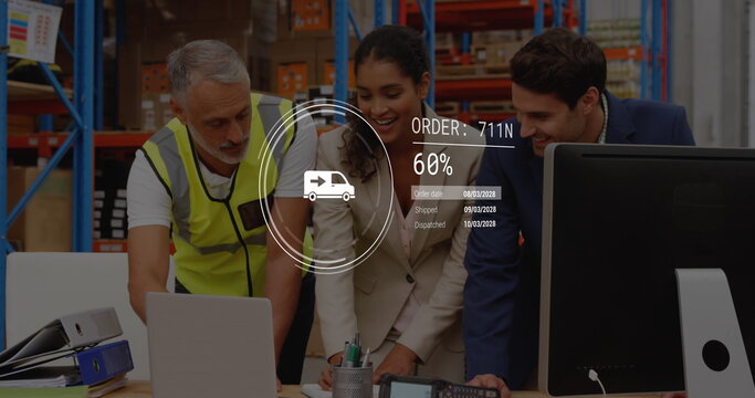 Image of data processing over diverse supervisors and workers discussing together at warehouse