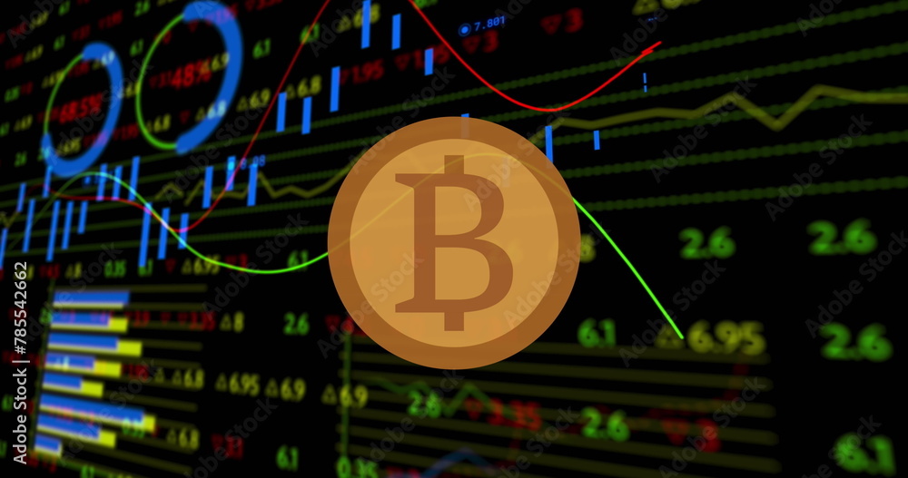 Poster image of bitcoin over financial data processing on black background
