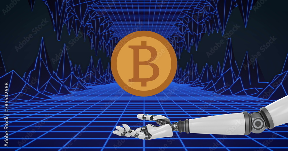 Poster image of bitcoin over digital tunnel with robotic arm