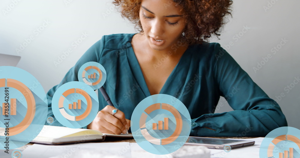 Aufkleber image of multiple graph icons over diverse coworkers discussing reports on desk in office