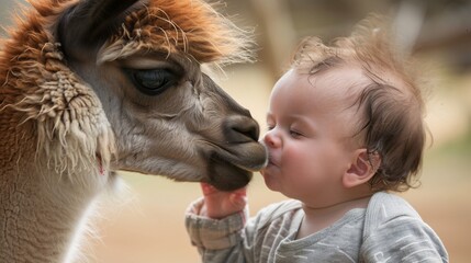 Fototapeta premium Baby kissing a llama on the mouth at a zoo 01