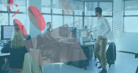 Image of statistical data processing against two diverse men high fiving each other at office