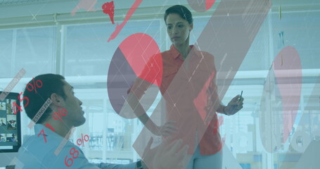 Image of data processing against diverse man and woman discussing over white board at office