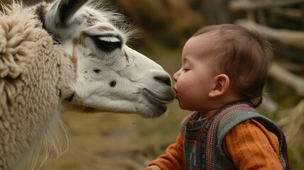 Fototapeta premium Baby kissing a llama on the mouth at a zoo 02