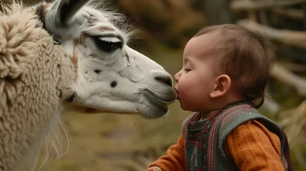 Tuinposter Baby kissing a llama on the mouth at a zoo 02 © Maelgoa