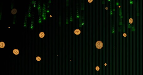 Image of bitcoins falling over symbols on black background