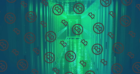 Image of bitcoins over green symbols in server room