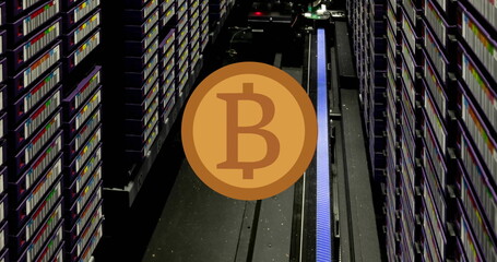 Image of bitcoin over server room