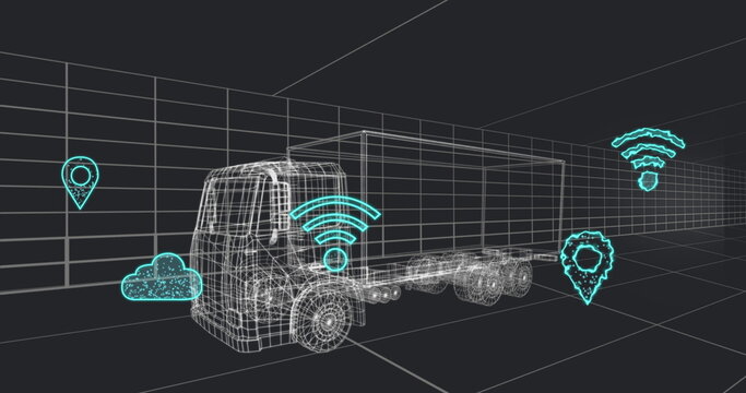 Image of multiple digital icons over 3d van model moving in seamless pattern in a tunnel - Powered by Adobe