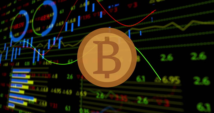 Image of bitcoin over financial data processing on black background - Powered by Adobe