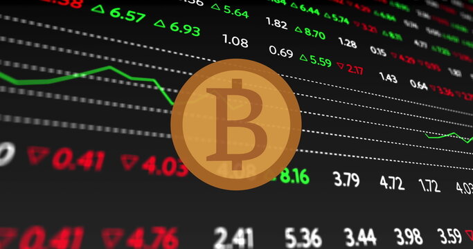 Image of bitcoin over diagrams and stock market on black background