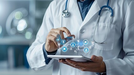 Medical professional using a stylus on a tablet with floating holograms. Biotechnology and digital health concept. Design for healthcare apps, interactive learning, and digital medicine adve
