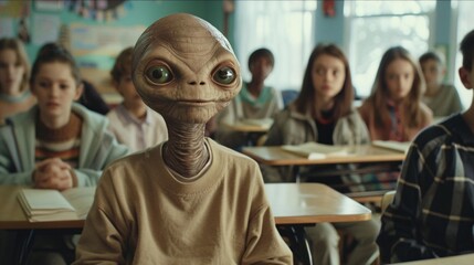Cinematic snapshot of a friendly extraterrestrial sitting at a desk in a classroom filled with diverse students, their eyes sparkling with curiosity as they listen to the teacher's lesson 01 - obrazy, fototapety, plakaty