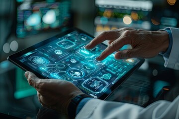 Doctor in lab coat holding a digital tablet with holographic medical icons. Modern healthcare and digital technology concept. Design for presentation, web banner, and scientific publication
