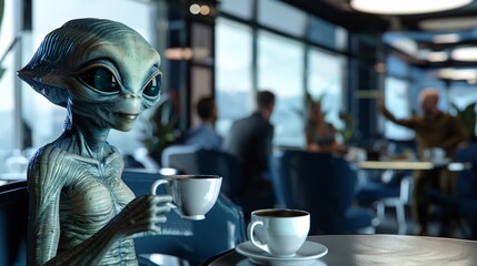 Cinematic snapshot of a friendly alien sharing a morning coffee break with coworkers in a sleek corporate cafeteria, the aroma of freshly brewed coffee mingling with friendly banter - obrazy, fototapety, plakaty