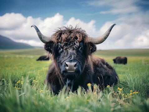 A black cow with horns is laying in a field of grass