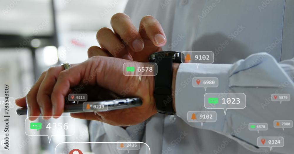 Poster image of notification bars over caucasian man using smartphone and scrolling on smartwatch