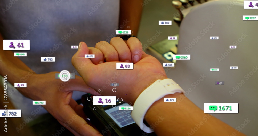 Poster image of notification bars over diverse man making contactless payment using smartwatch