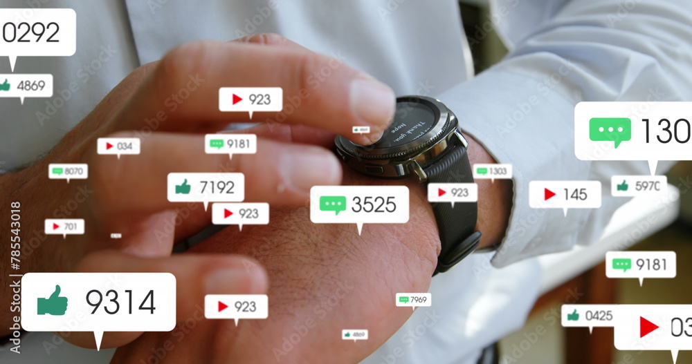 Poster image of notification bars over midsection of caucasian businessman using smartwatch